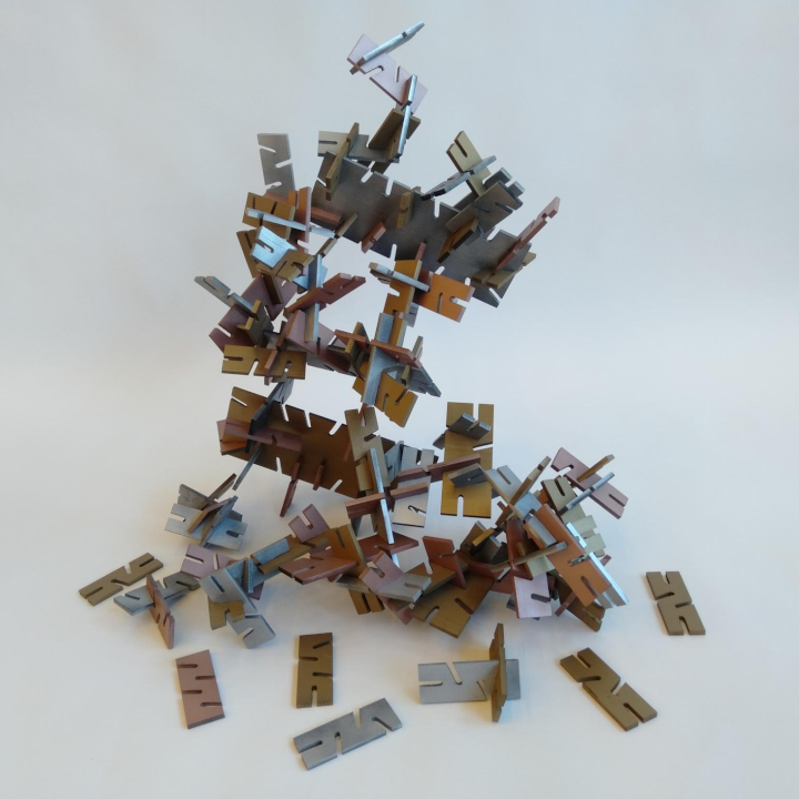 <i>Flowermountain</i>. A sculpture consisting of about 150 'puzzle pieces' made from kamaboko boards.