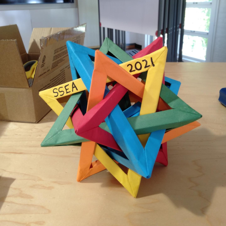 Five intersecting tetrahedra origami, folded by everyone in my class I taught in Summer 2021.