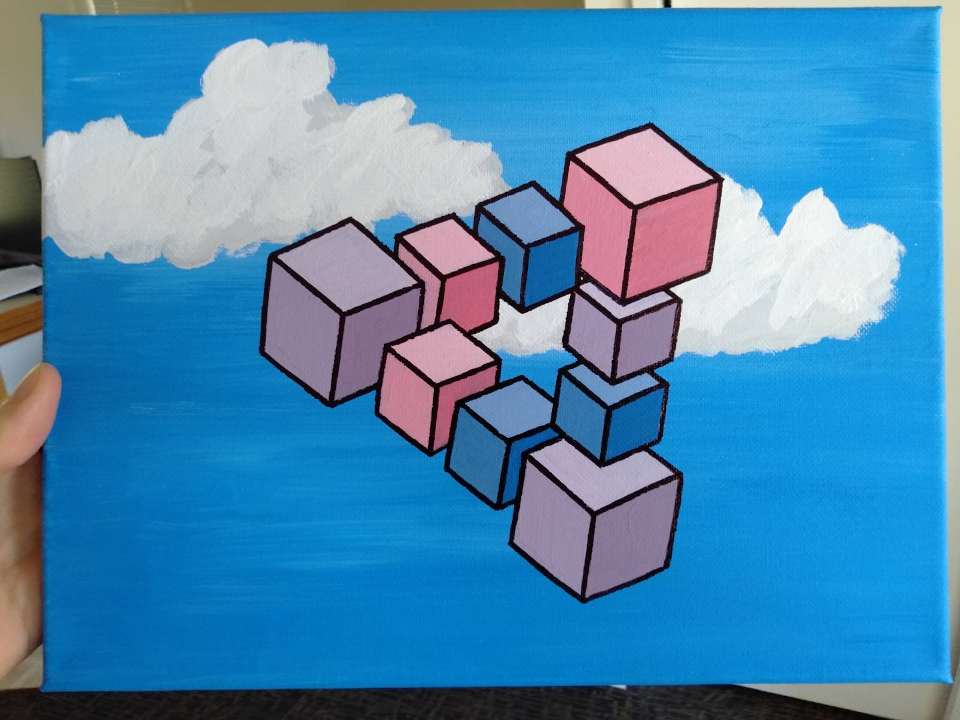 An impossible triangle of cubes floating in the sky